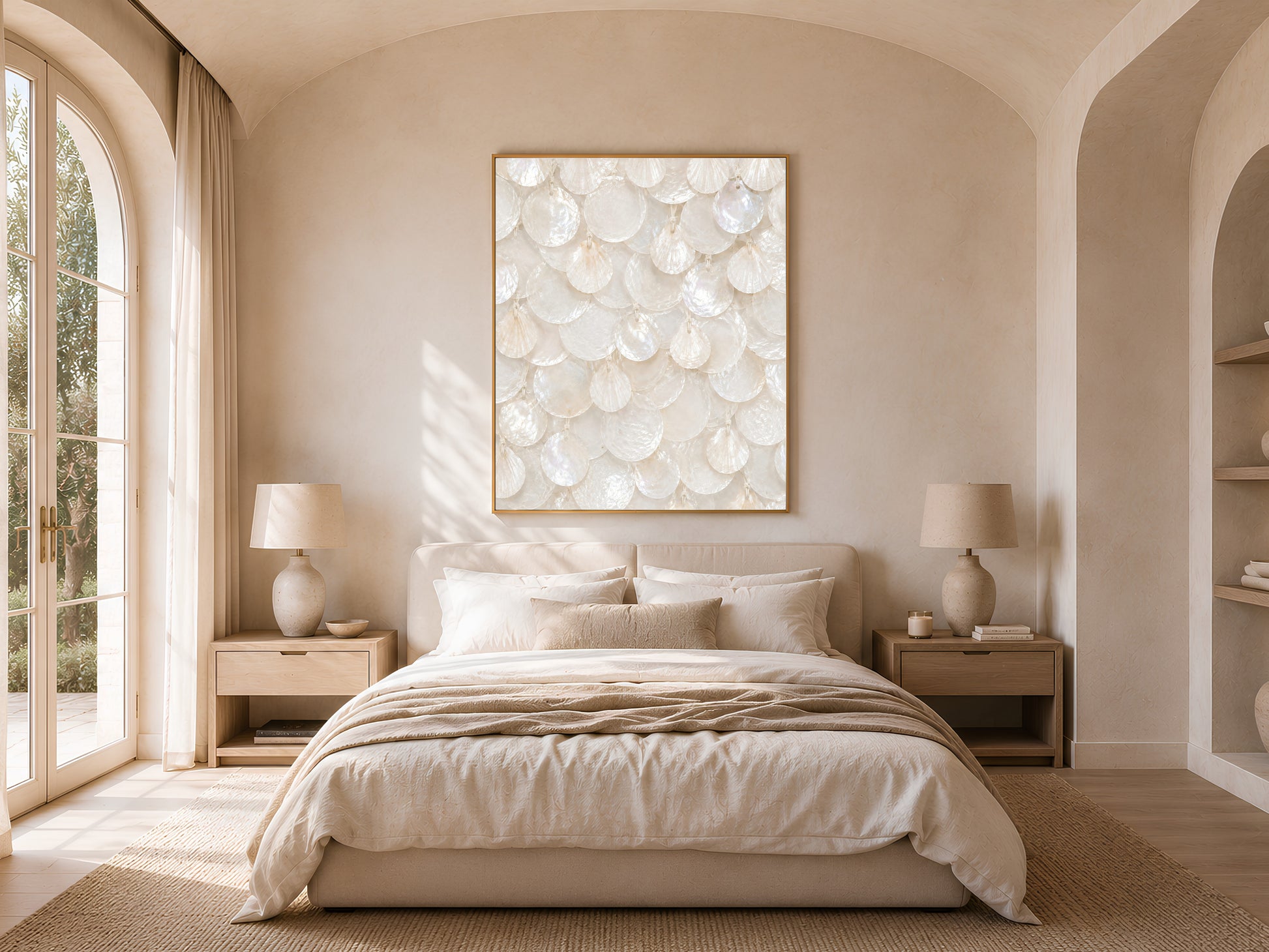 White capiz shell wall art framed above a bed in a warm neutral bedroom with arched windows