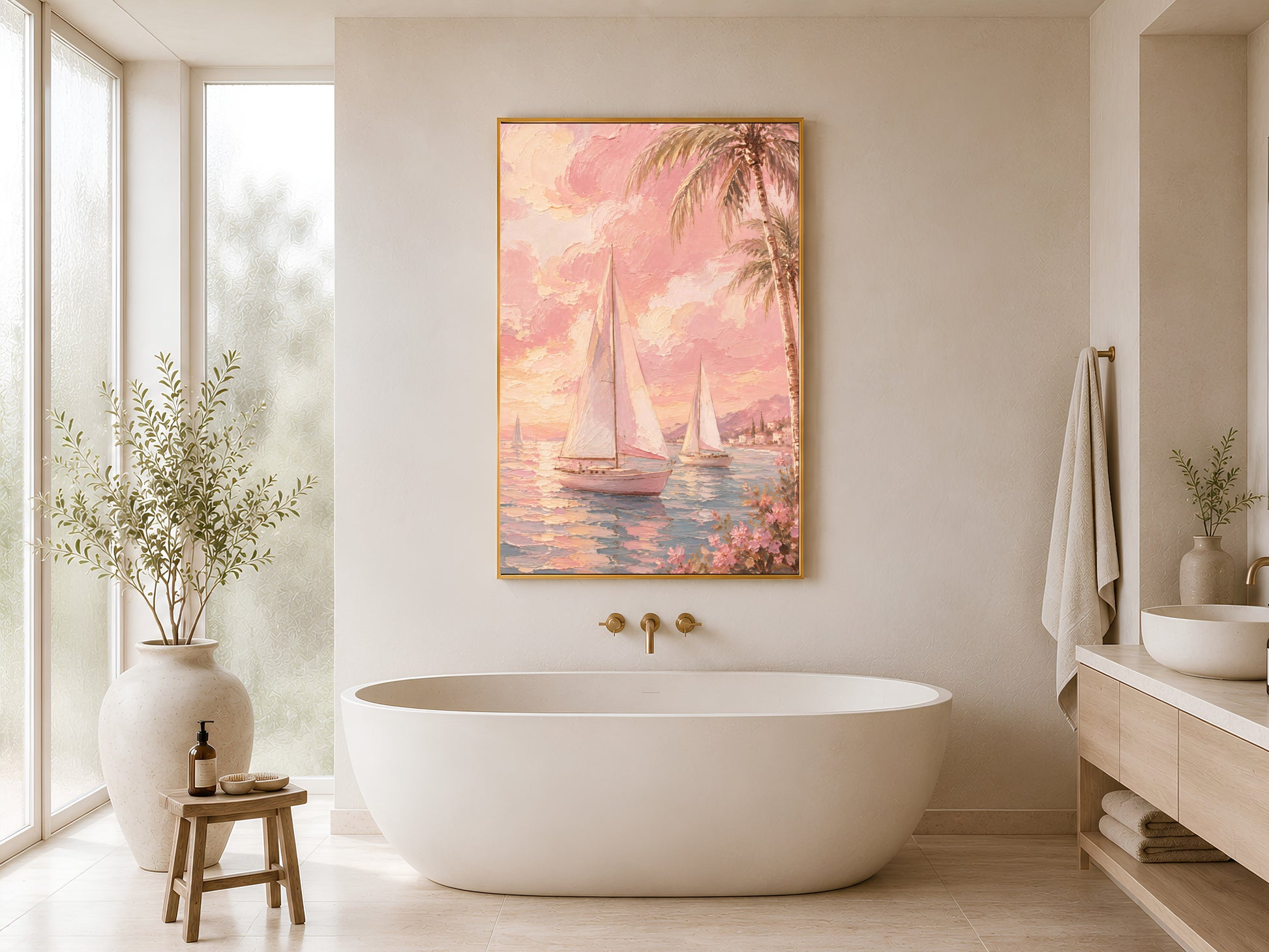 Pink coastal sailboat print in gold frame hung in a minimal white bathroom with freestanding bathtub
