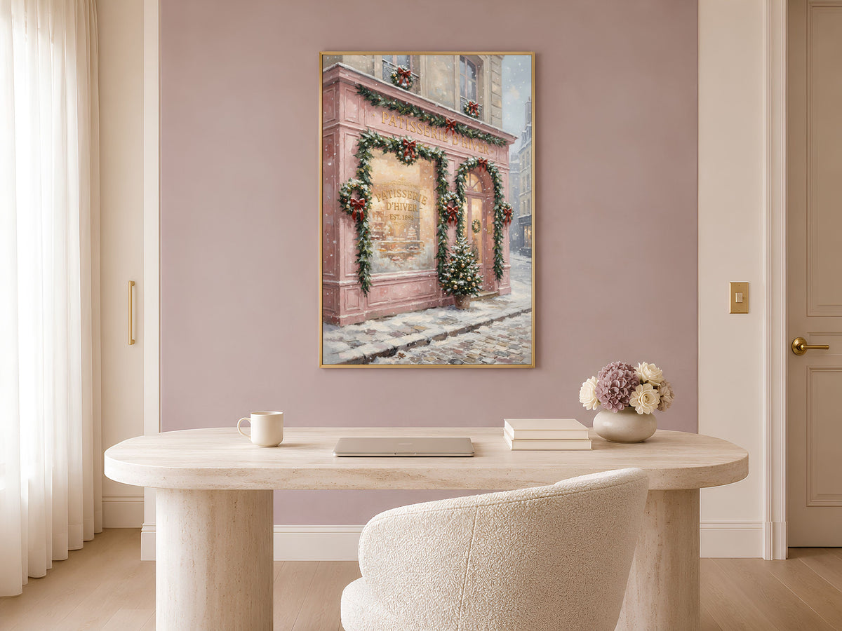 French Patisserie Christmas Print, Pink Paris Bakery Wall Art - Digital Download