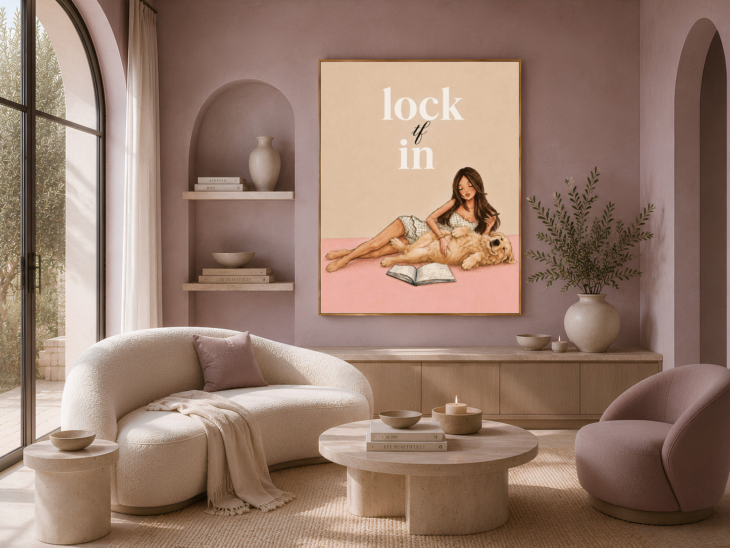 Lock TF In printable wall art framed above a cream boucle sofa in a neutral living room, coquette aesthetic study motivation print
