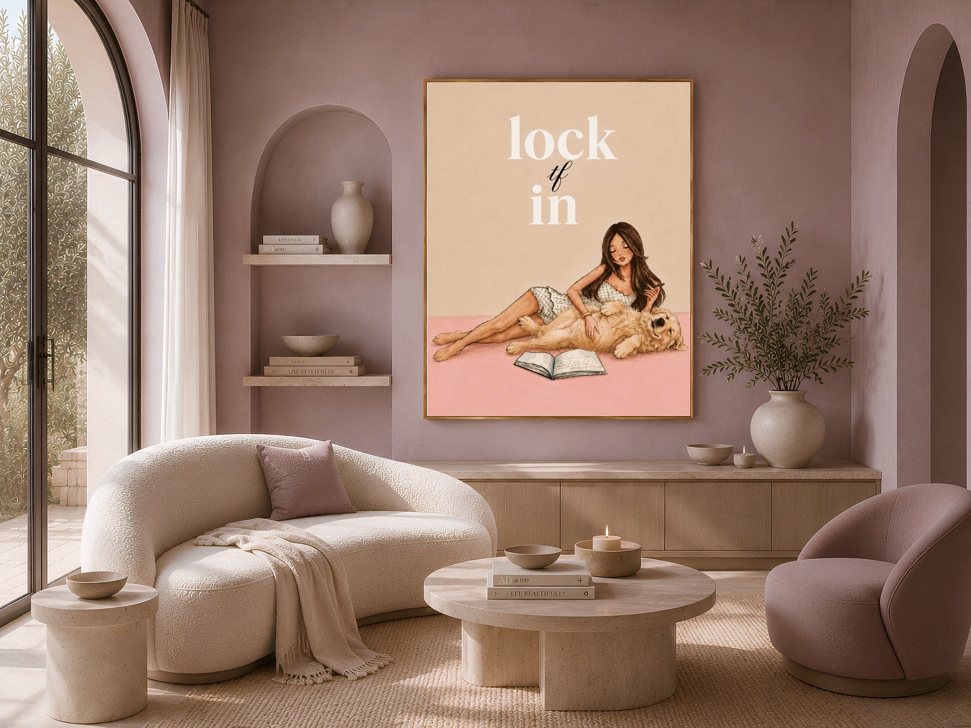Lock TF In printable wall art framed above a cream boucle sofa in a neutral living room, coquette aesthetic study motivation print

