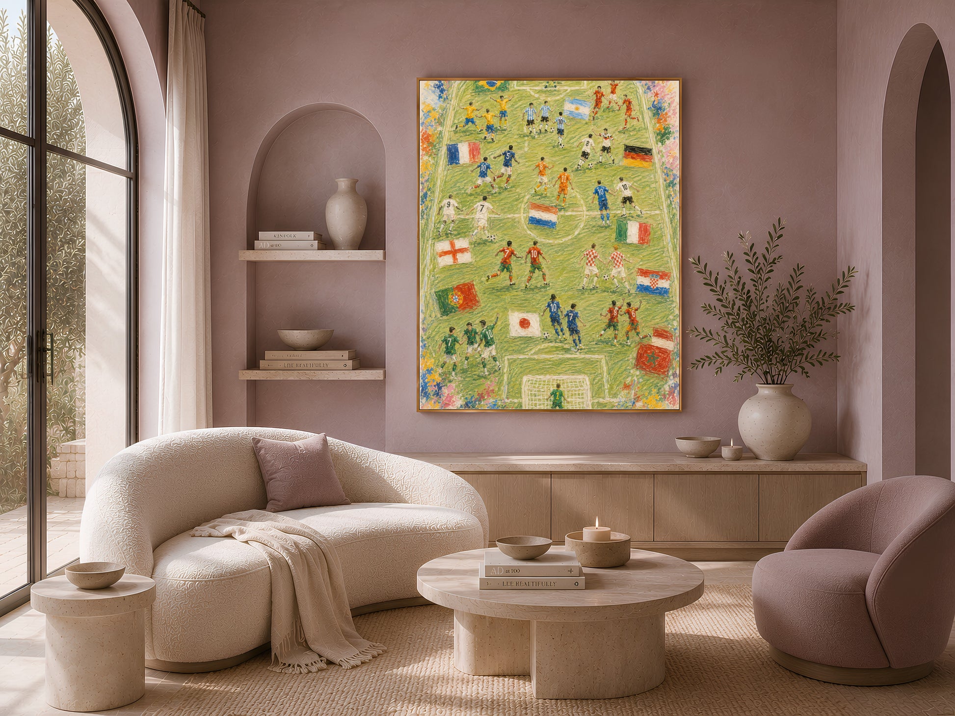 World Cup soccer wall art framed above beige sofa in neutral living room, football fan decor
