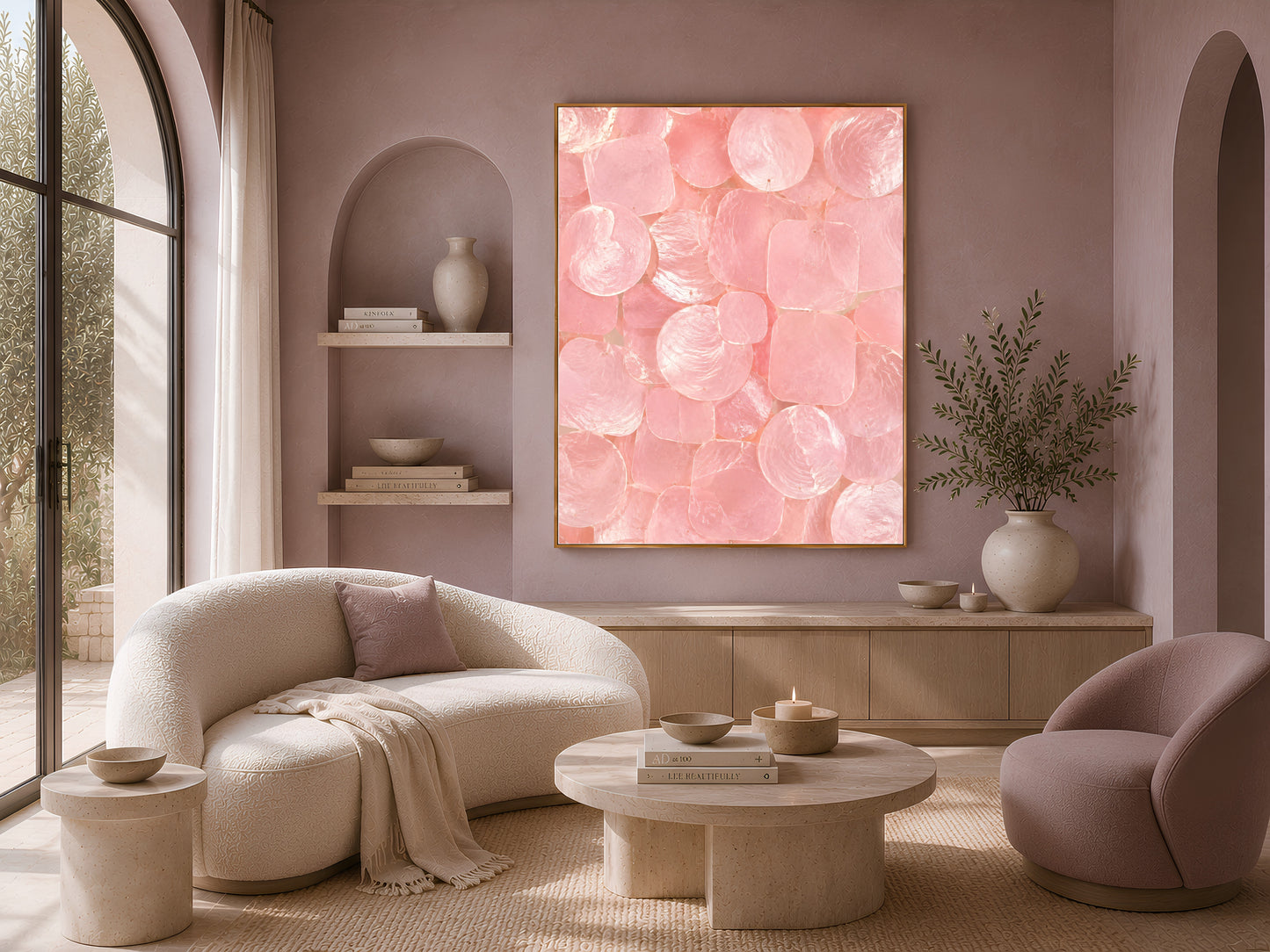 Pink capiz shell wall art in a gold frame displayed in a living room above a cream boucle sofa and coffee table.
