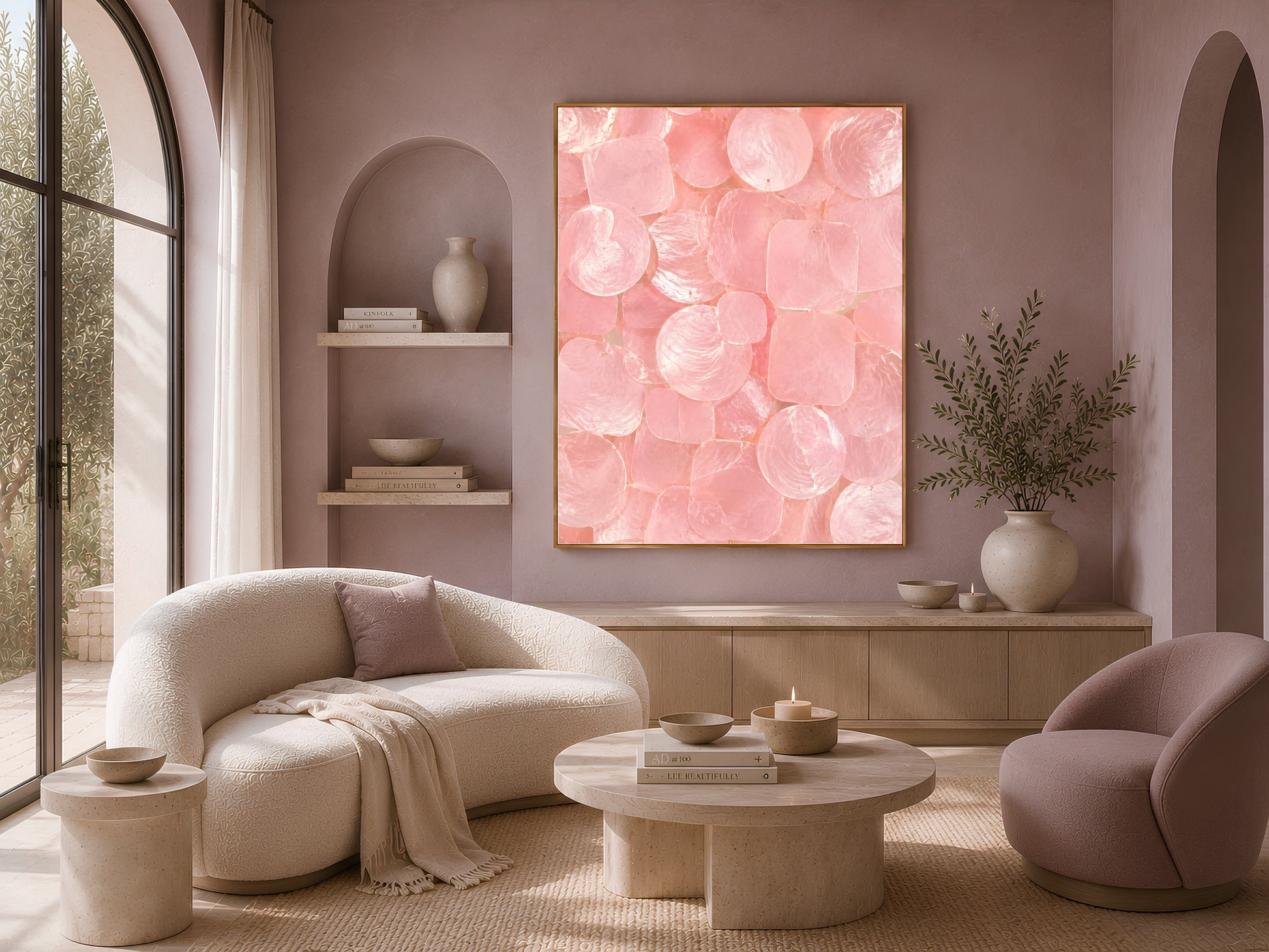 Pink capiz shell wall art in a gold frame displayed in a living room above a cream boucle sofa and coffee table.
