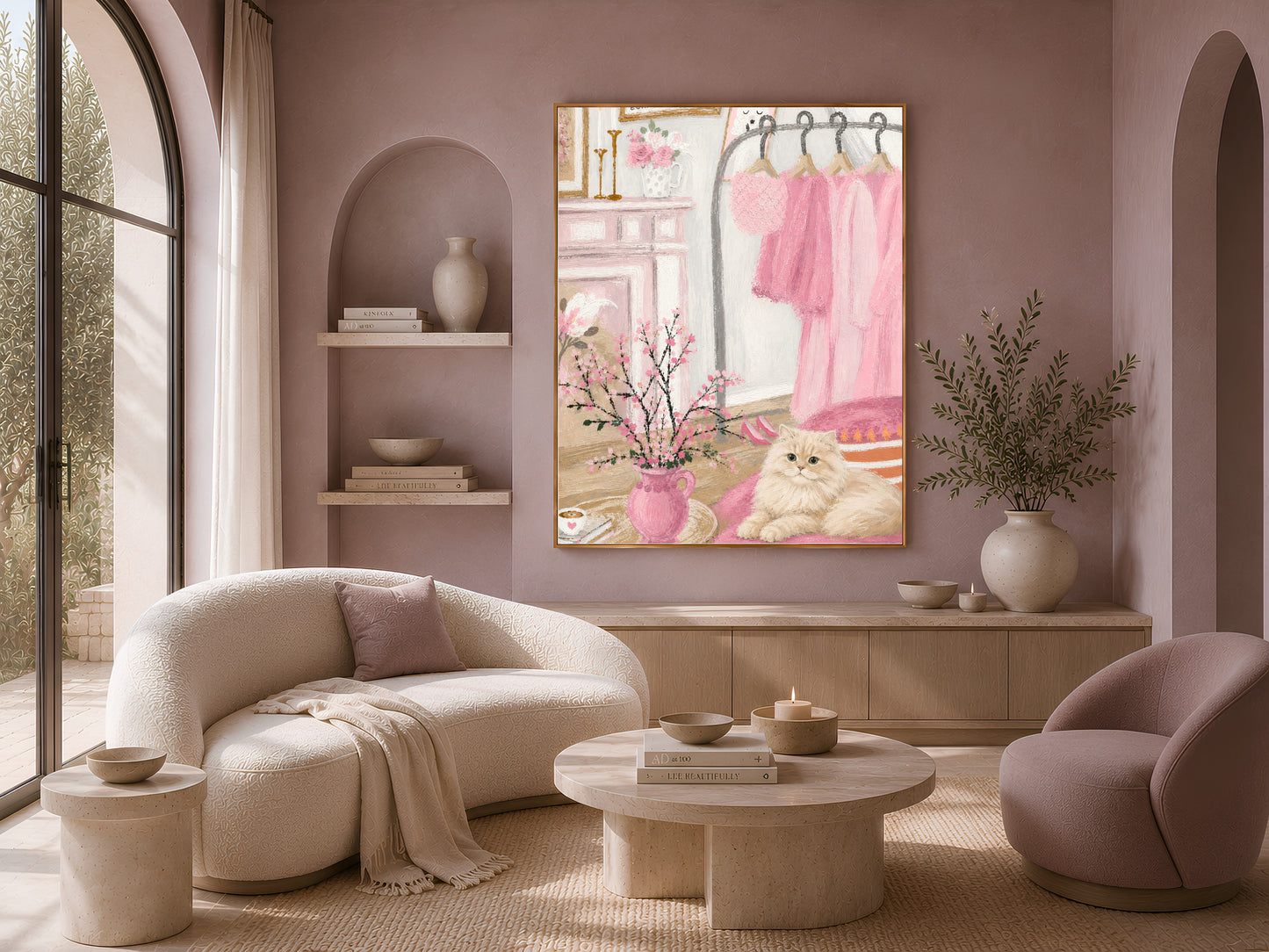 Pink Parisian bedroom illustration framed in a living room with cream sofa and armchairs