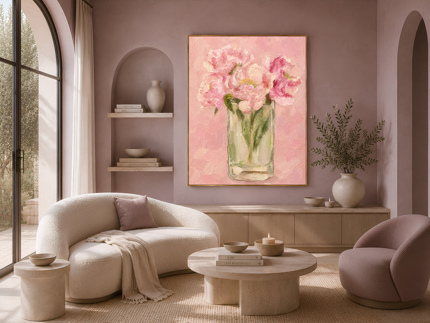 Peony wall art in gold frame above a cream sofa in a soft neutral living room