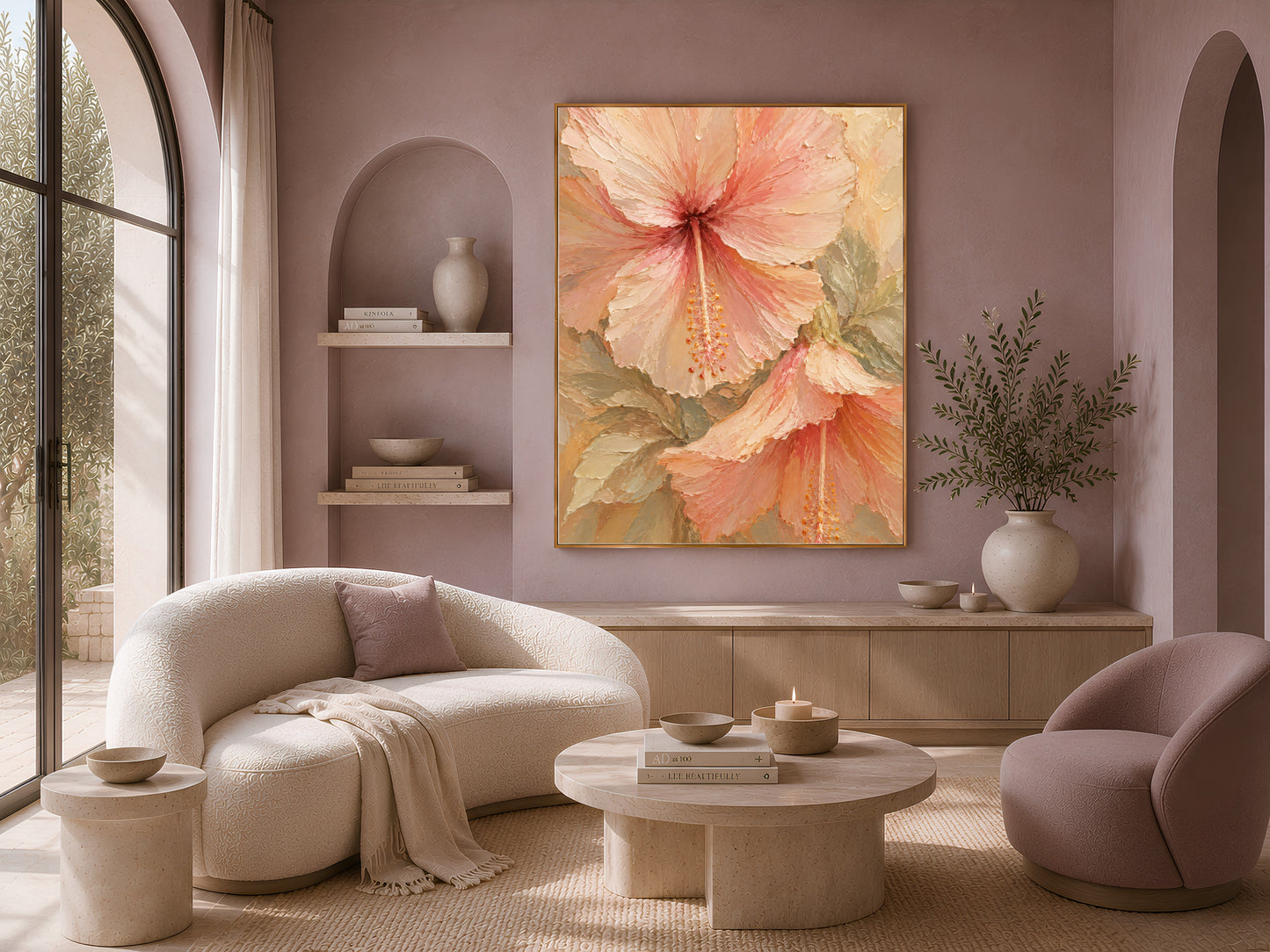 Textured hibiscus painting print above a cream boho sofa in a neutral living room
