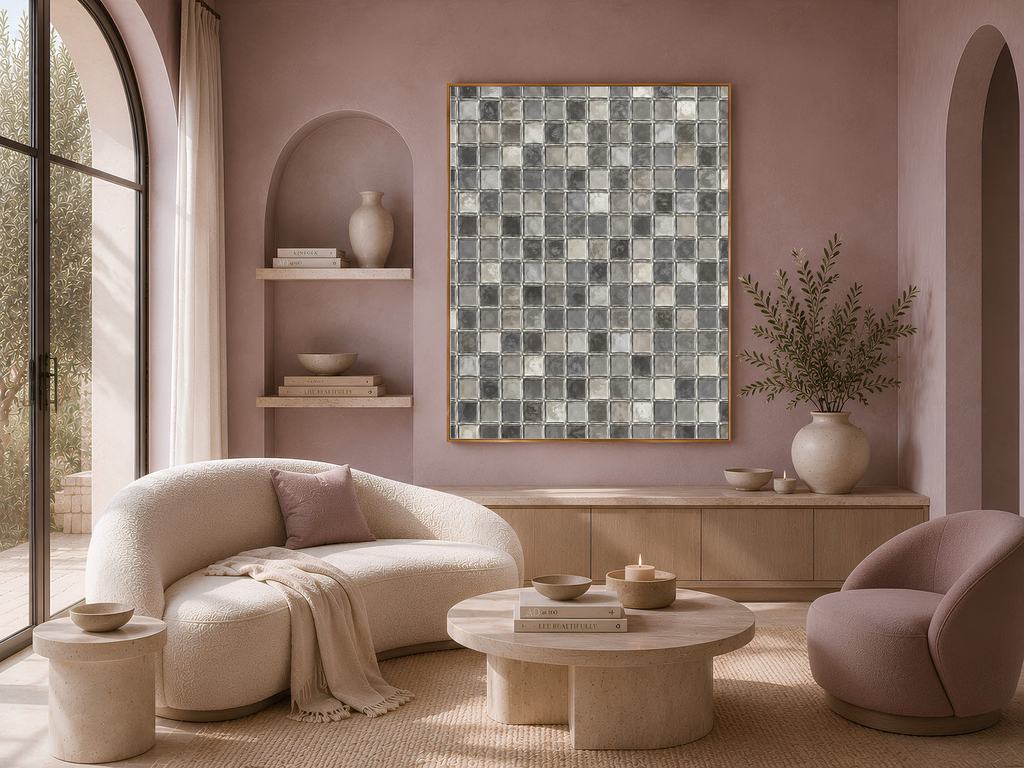 Grey mosaic wall art framed in a living room nook with arched niche, shelving, and a curved sofa
