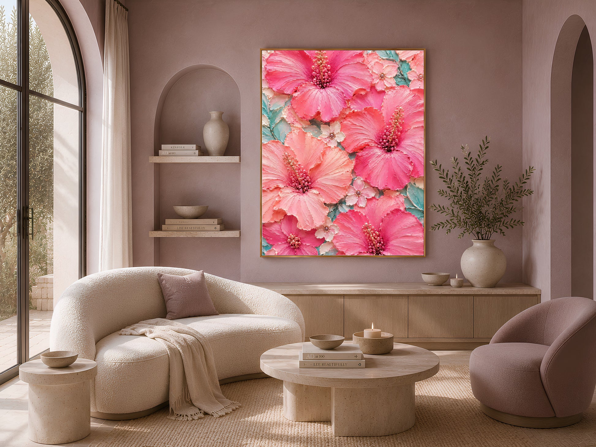 Pink hibiscus art framed in a living room with arched wood shelving
