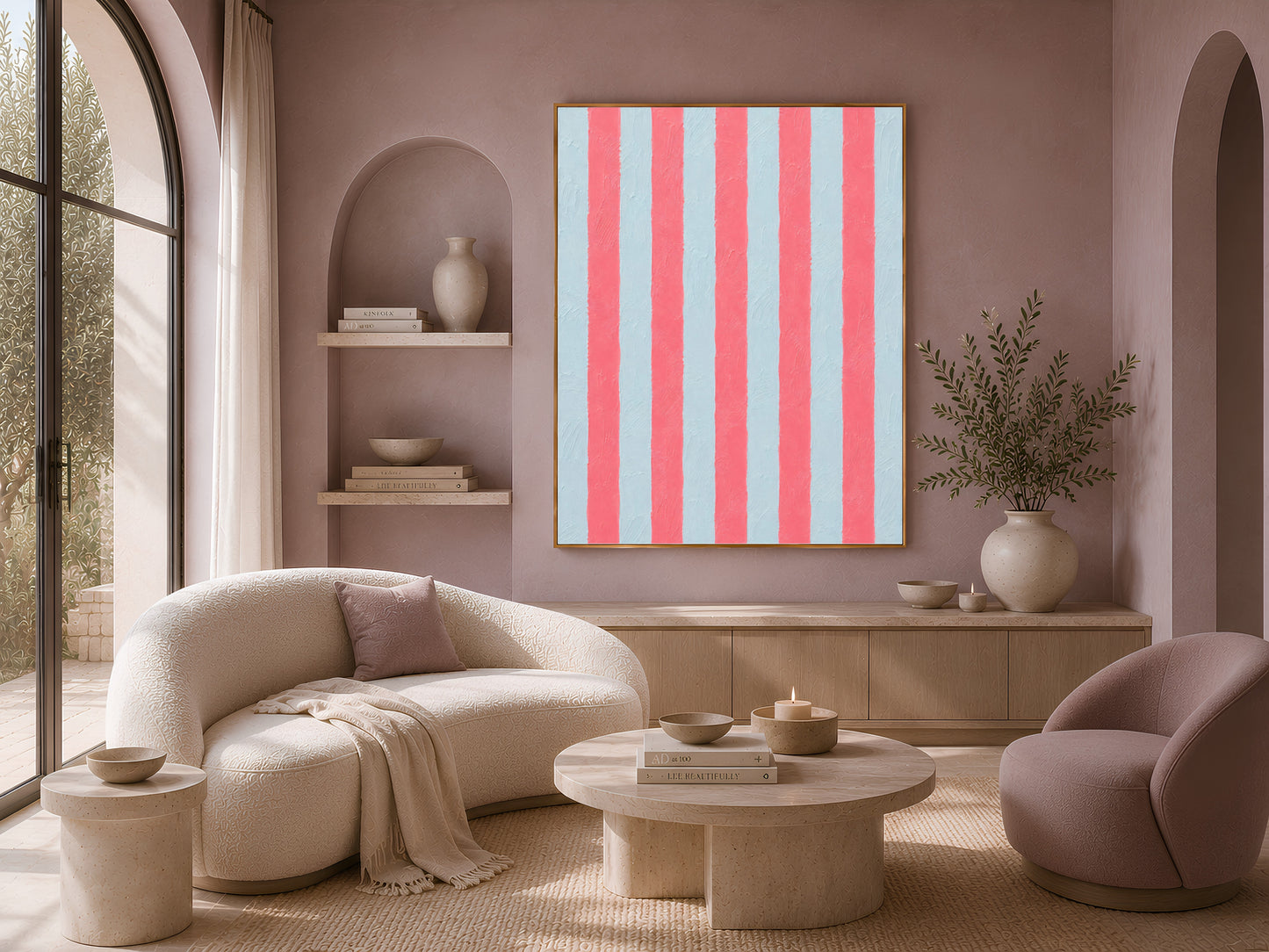 Framed abstract stripe print above a cream sofa in an arched mauve living room
