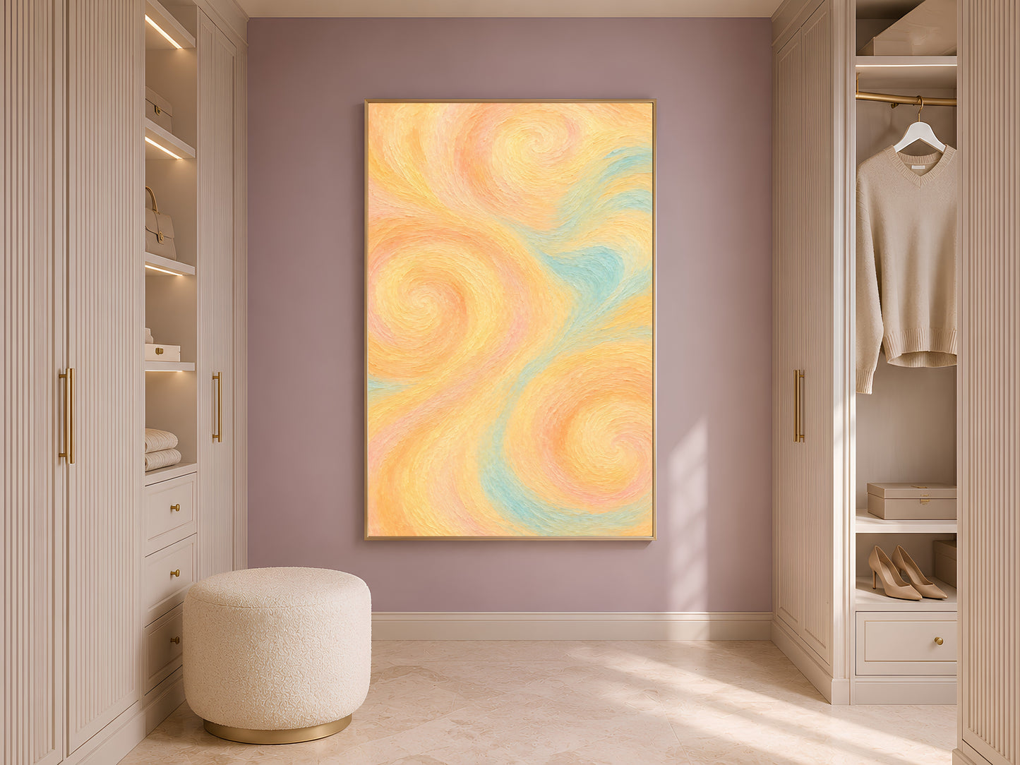 Butter yellow abstract swirl print framed in a closet beside open wardrobe shelving