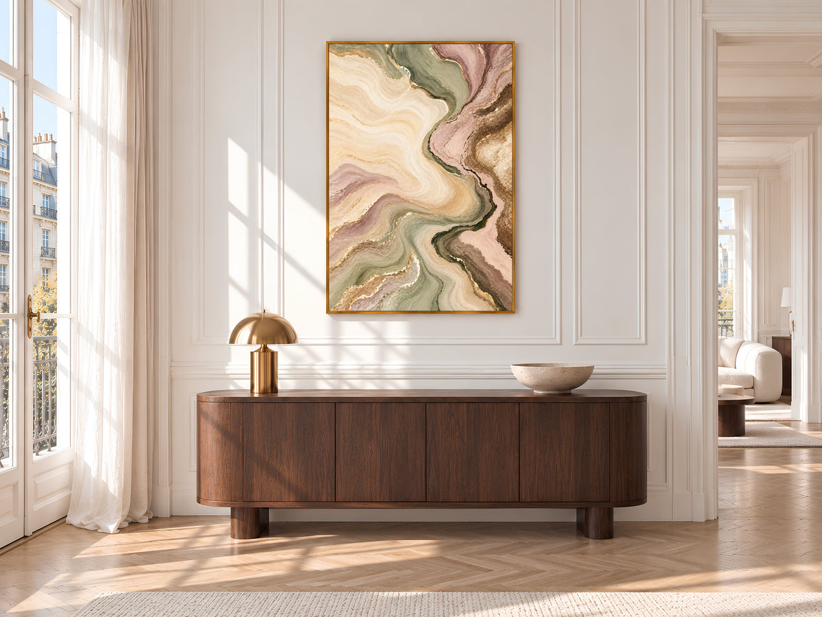 Sage Green and Blush Abstract Wall Art, Marble Swirl Painting Print with Gold Veins, Printable Pastel Neutral Decor, Digital Download