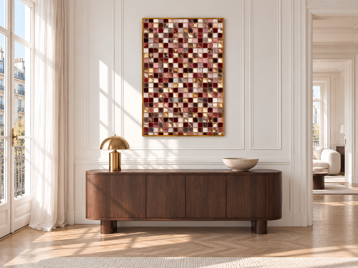 Pink and Burgundy Mosaic Tile Wall Art Print, Dusty Rose, Mauve and Gold Tile Grid Painting, Printable Romantic Decor, Digital Download