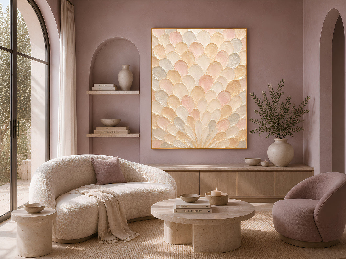 Framed sunburst capiz shell wall art above a curved sofa in a sunlit living room with a round coffee table
