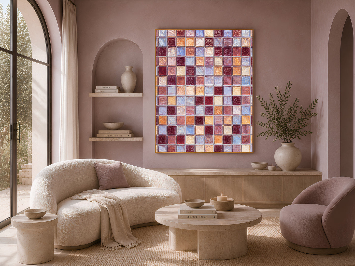 Mosaic tile wall art framed in gold hanging above a cream boucle sofa in a sunlit living room with an arched bookshelf.
