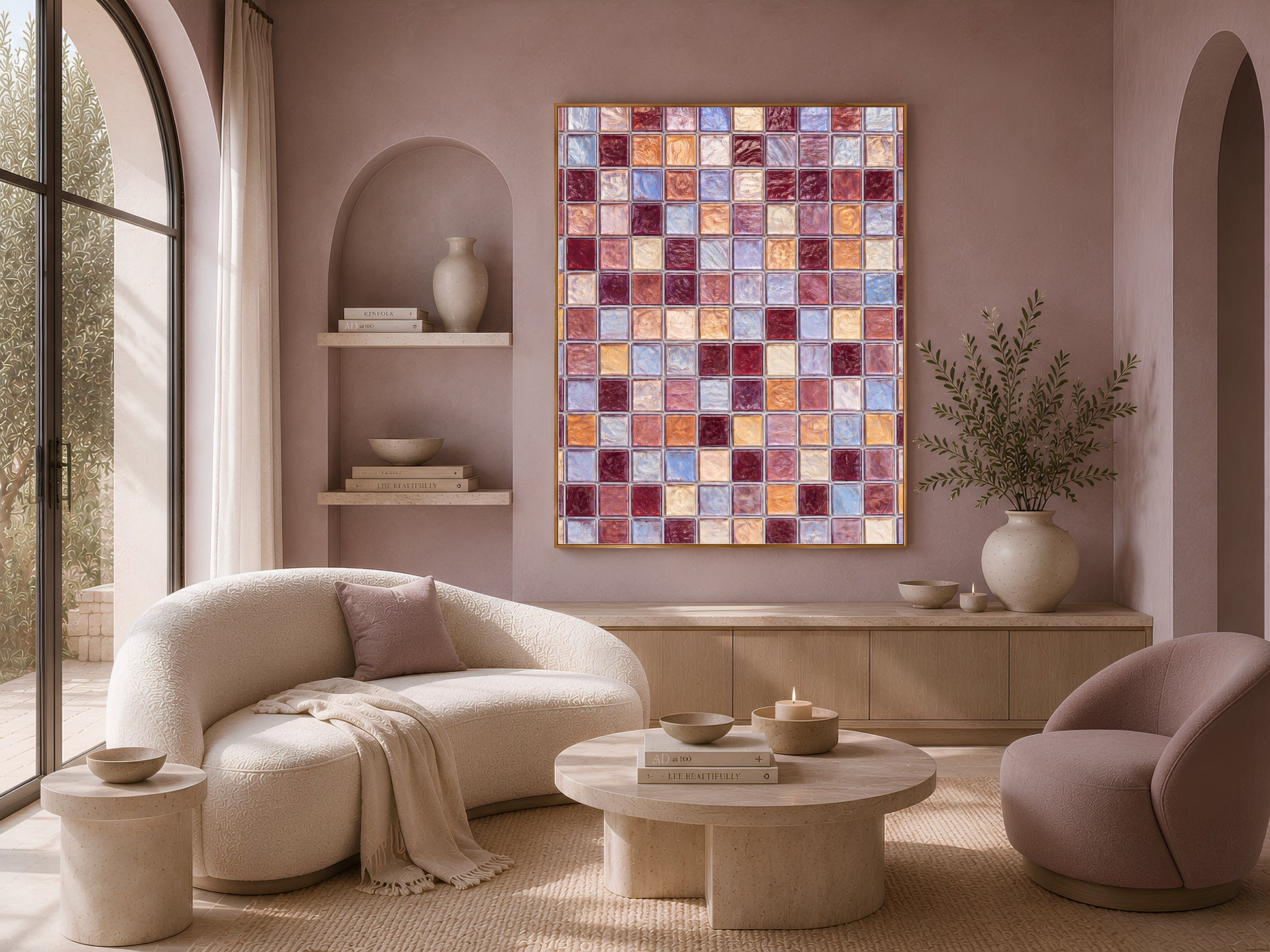 Mosaic tile wall art framed in gold hanging above a cream boucle sofa in a sunlit living room with an arched bookshelf.
