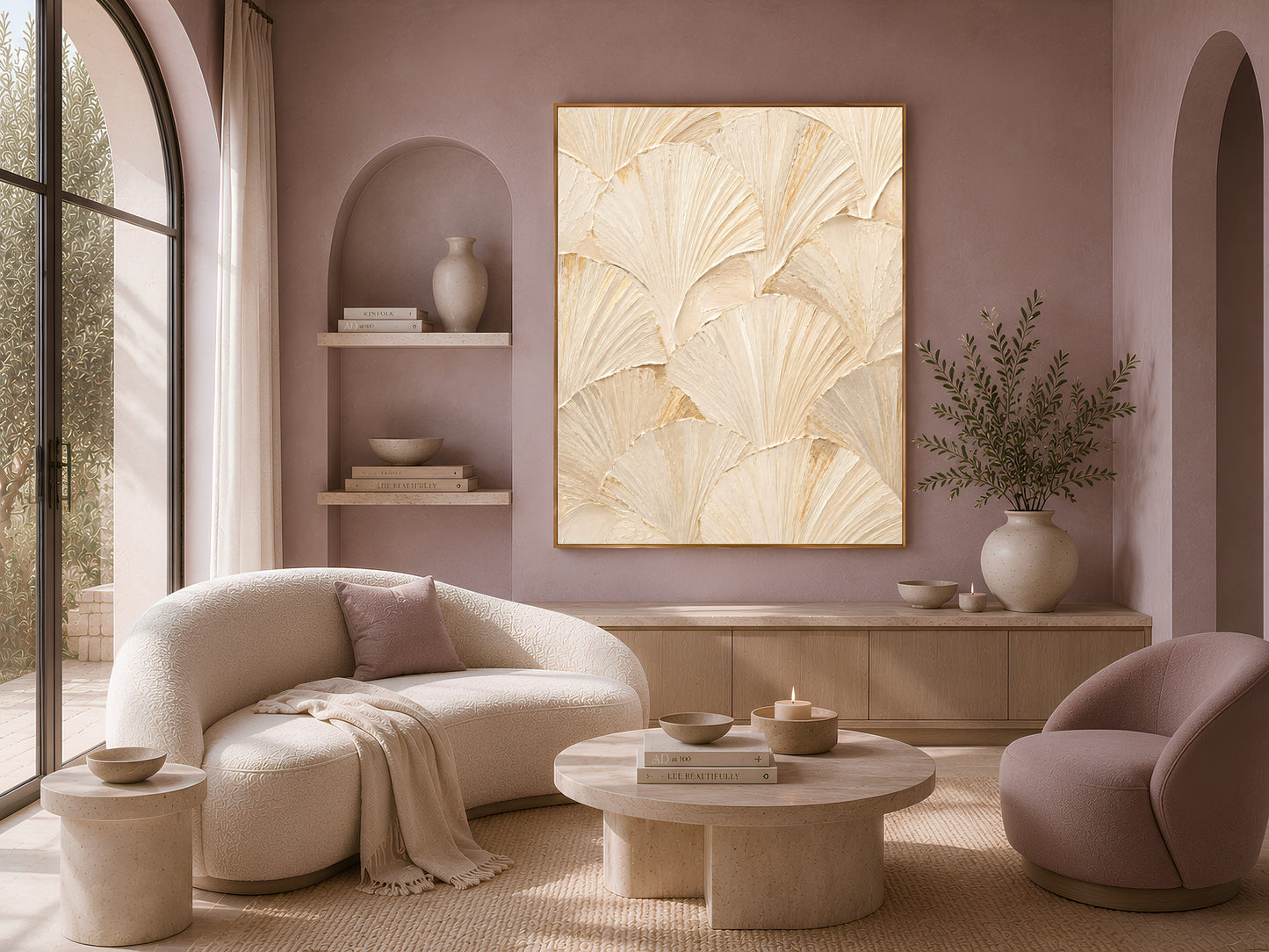 Ginkgo leaf wall art in a gold frame above a curved cream sofa in a neutral living room alcove.
