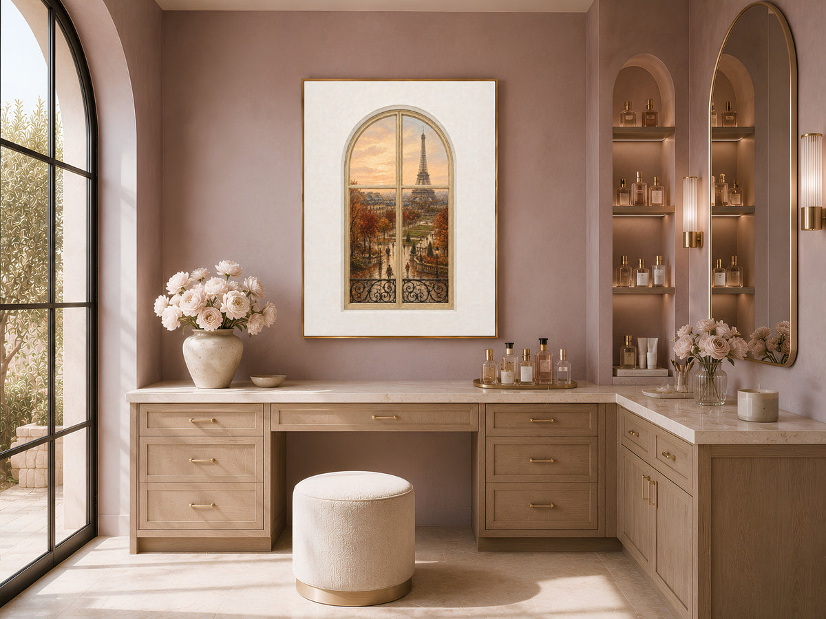 Paris Window Wall Art, Eiffel Tower Autumn Sunset Print - Digital Download
