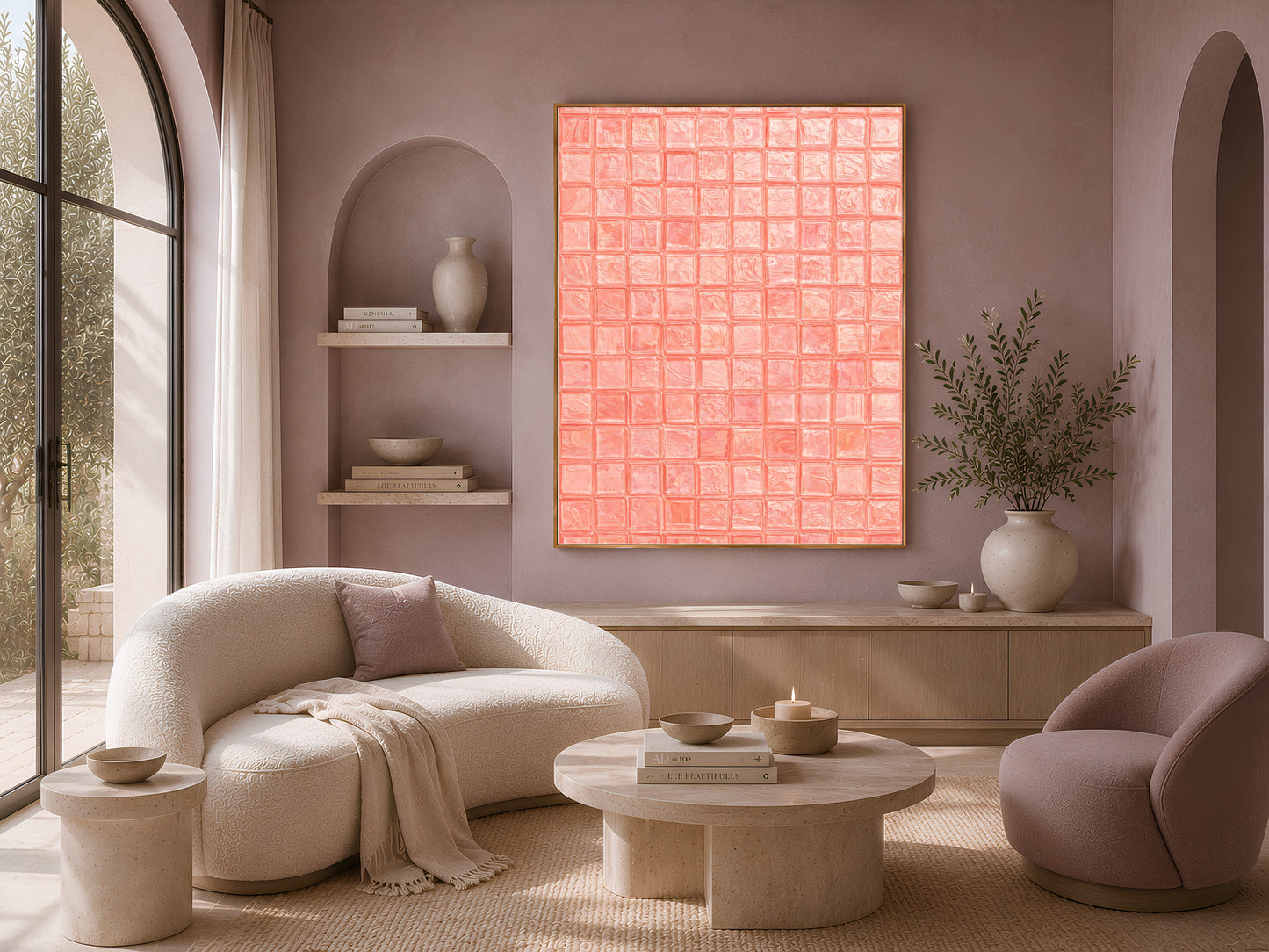 Salmon coral mosaic tile wall art in a gold frame above a curved cream sofa with ceramic vessels and dried botanicals in a warm minimal living room with arched alcove
