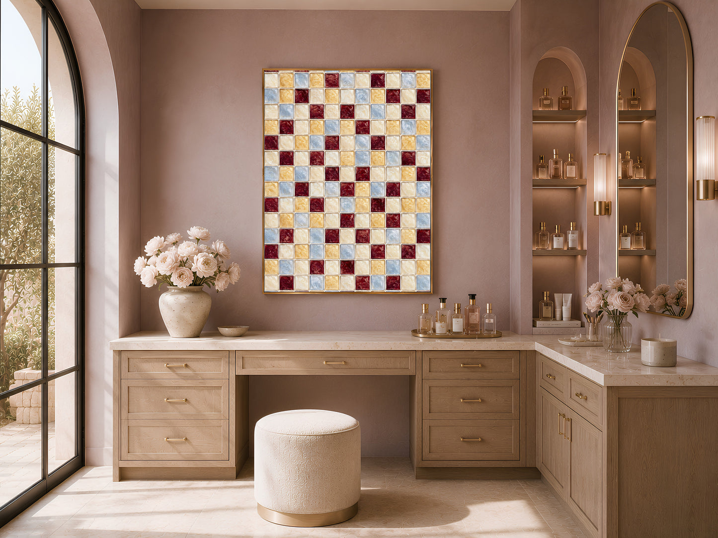 Jewel tone mosaic tile wall art print framed above a bathroom vanity mirror in a sunlit room