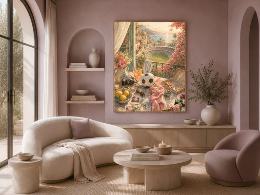 Living room with a curved cream sofa, round coffee table, and soft armchair, framed sunset balcony wall art hanging on a mauve wall.

