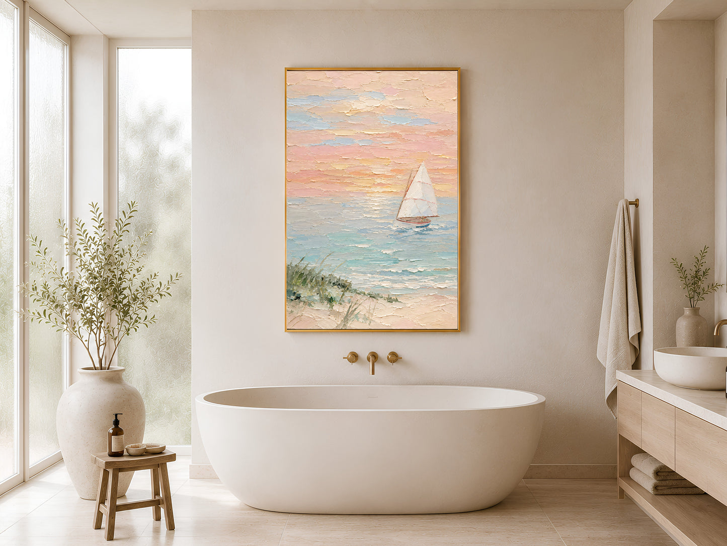 Framed pastel sailboat sunset impasto print displayed beside a freestanding white soaking bathtub in a bright minimal bathroom with warm beige walls and gold fixtures

