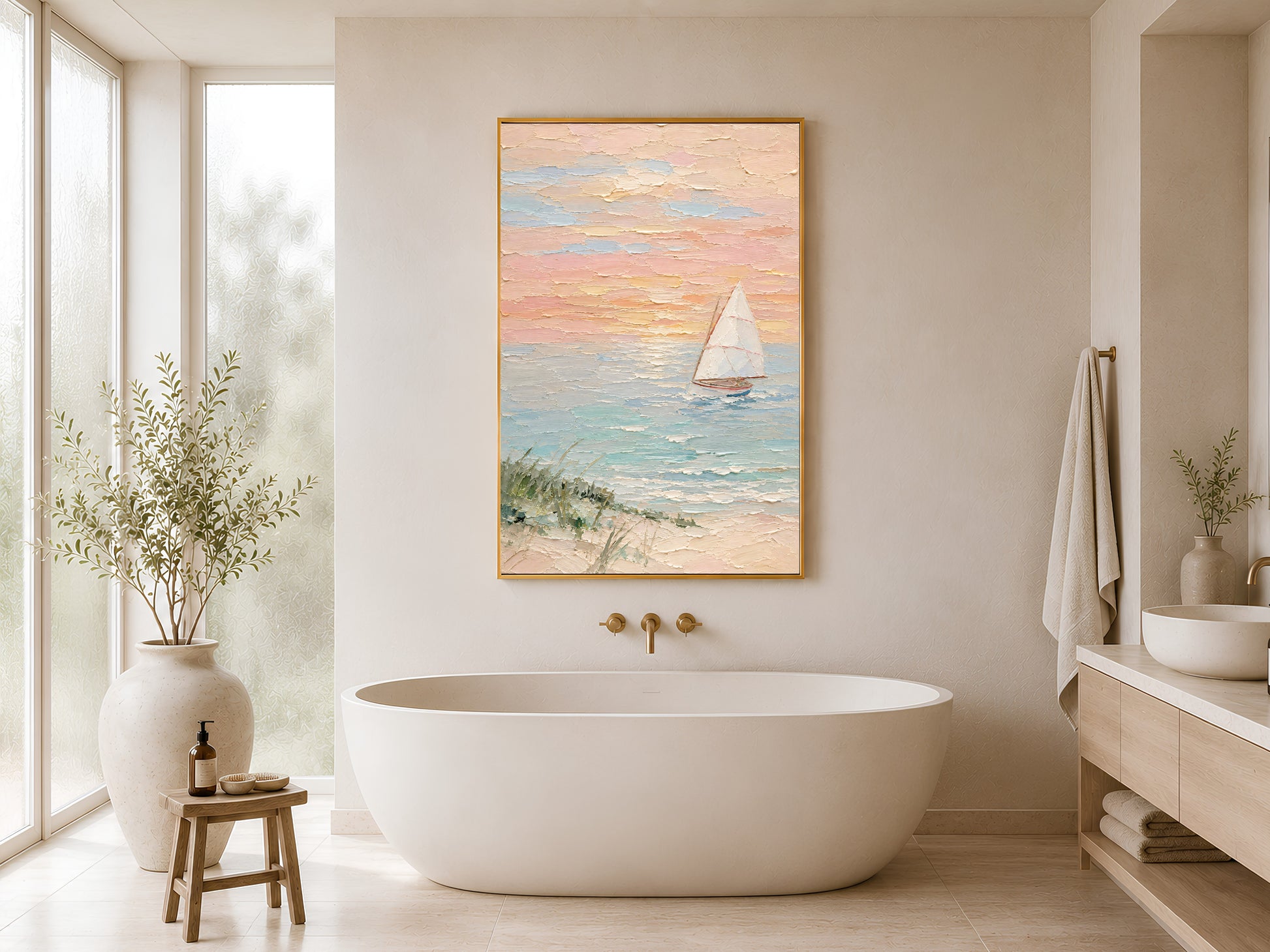 Framed pastel sailboat sunset impasto print displayed beside a freestanding white soaking bathtub in a bright minimal bathroom with warm beige walls and gold fixtures

