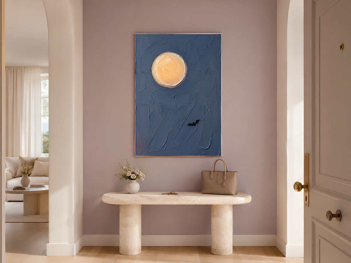 Moon and Bat Wall Art, Impasto Oil Painting Print - Digital Download
