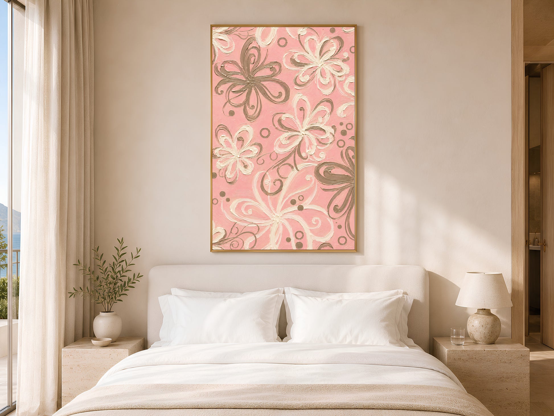 Pink retro swirl floral print in gold frame above white bed in warm neutral bedroom with soft lighting
