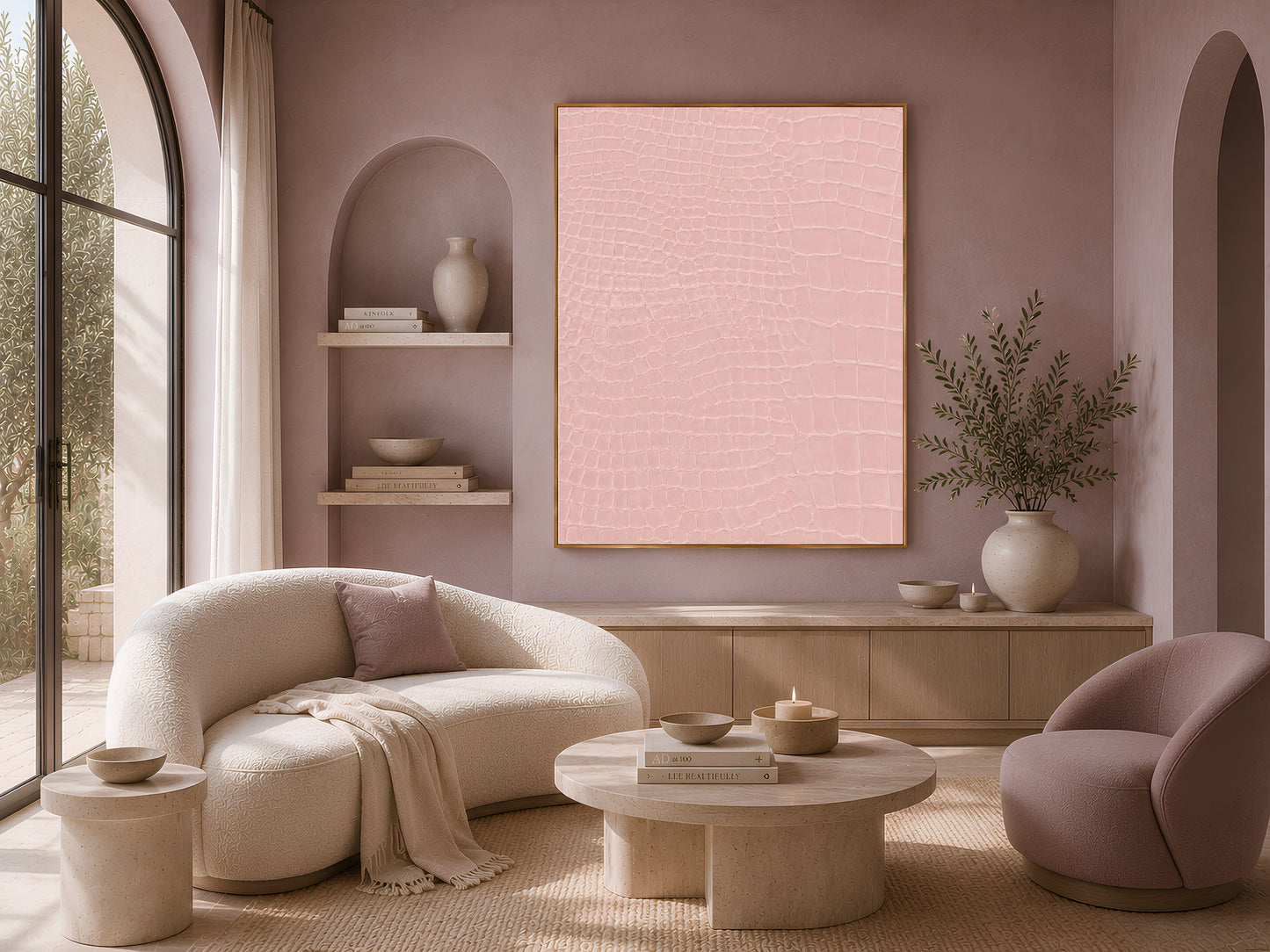 Framed pink crocodile texture print above a curved cream sofa and armchair in a bright living room.
