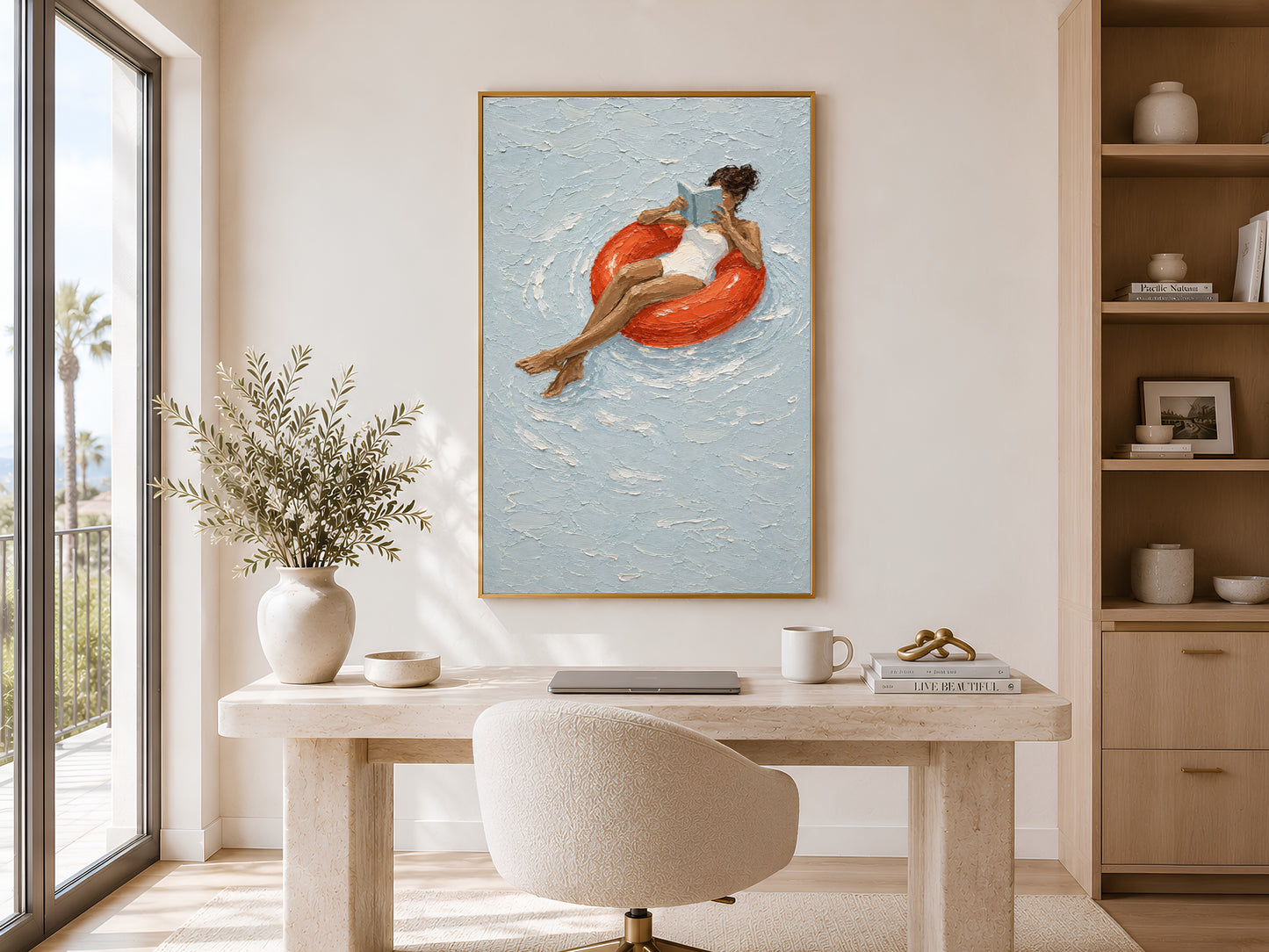 Gold-framed pool float girl wall art beside a large window in a bright home office with warm neutral shelving, a round desk, and a potted plant
