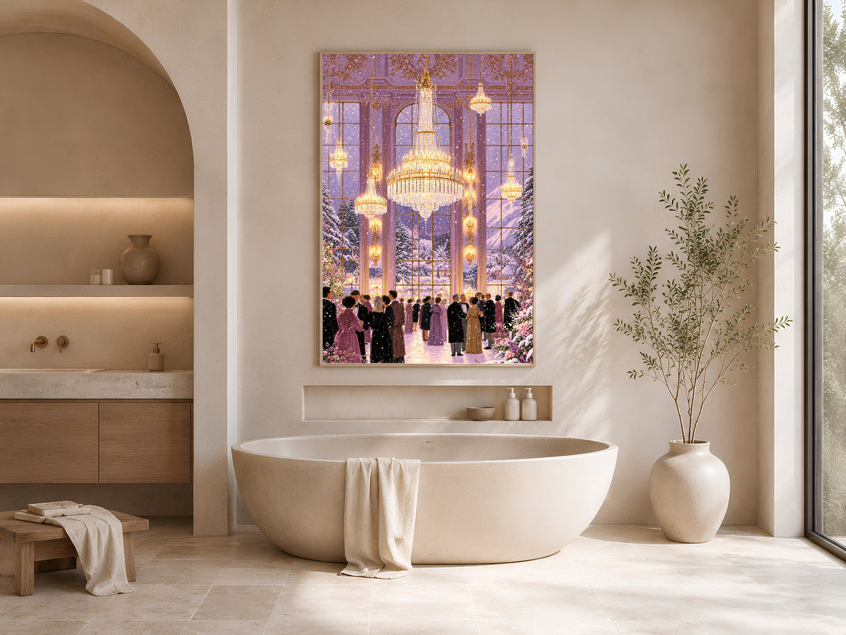 Winter Ballroom Wall Art, Lavender Chandelier Painting, Snowy Holiday Ball Print, Elegant Purple Decor, Printable Digital Download