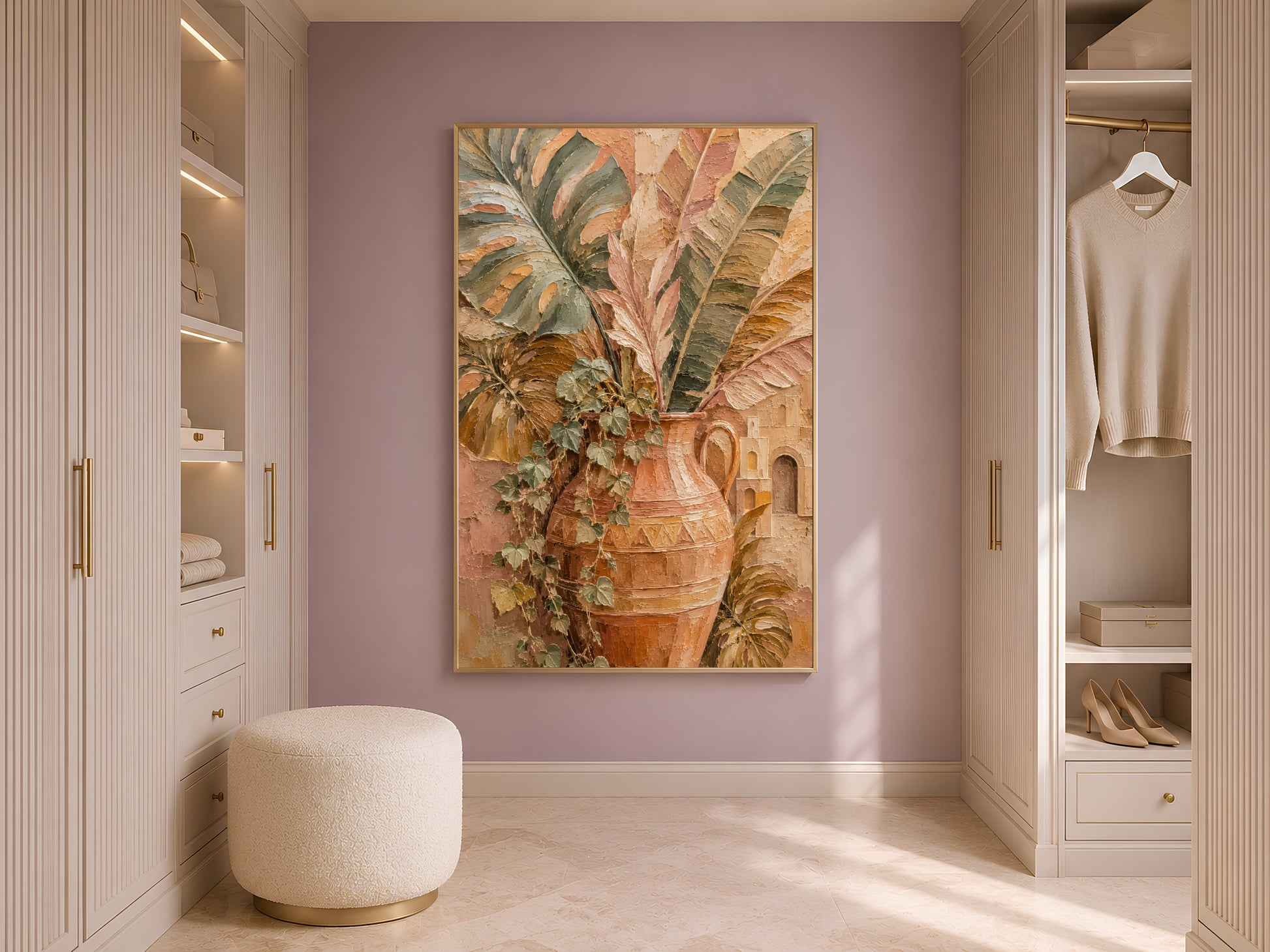 Terracotta botanical vase wall art in gold frame in styled dressing room with wardrobe and cream ottoman
