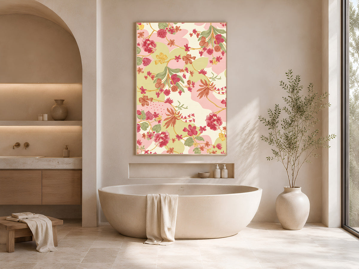 Pink and Green Floral Wall Art, Vintage Botanical Pattern Print, Grandmillennial Chinoiserie Style Flowers, Printable Digital Download
