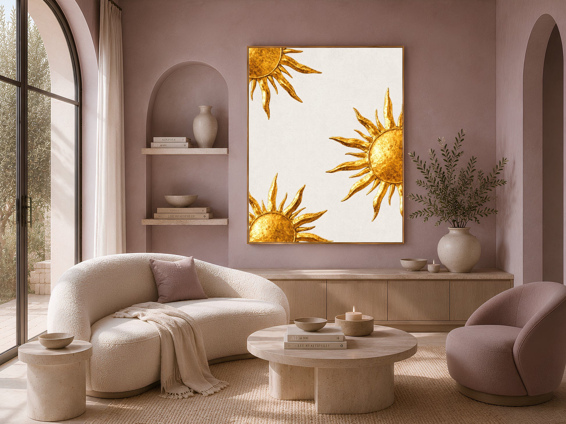 Gold sunburst wall art above a curved boucle sofa in a warm mauve living room