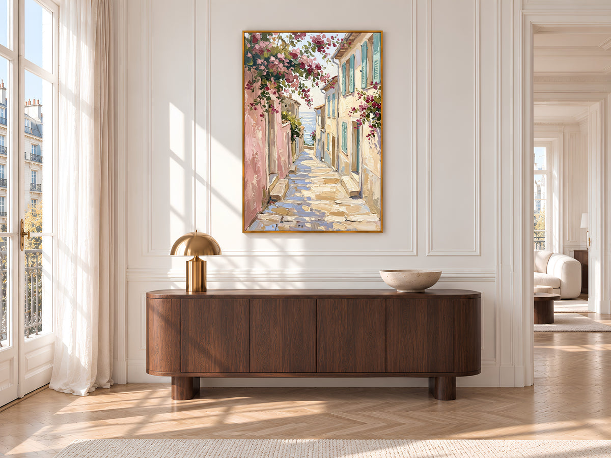Mediterranean Street Painting Print, Pink Bougainvillea Alley with Sea View, Coastal Village Wall Art, Printable Digital Download
