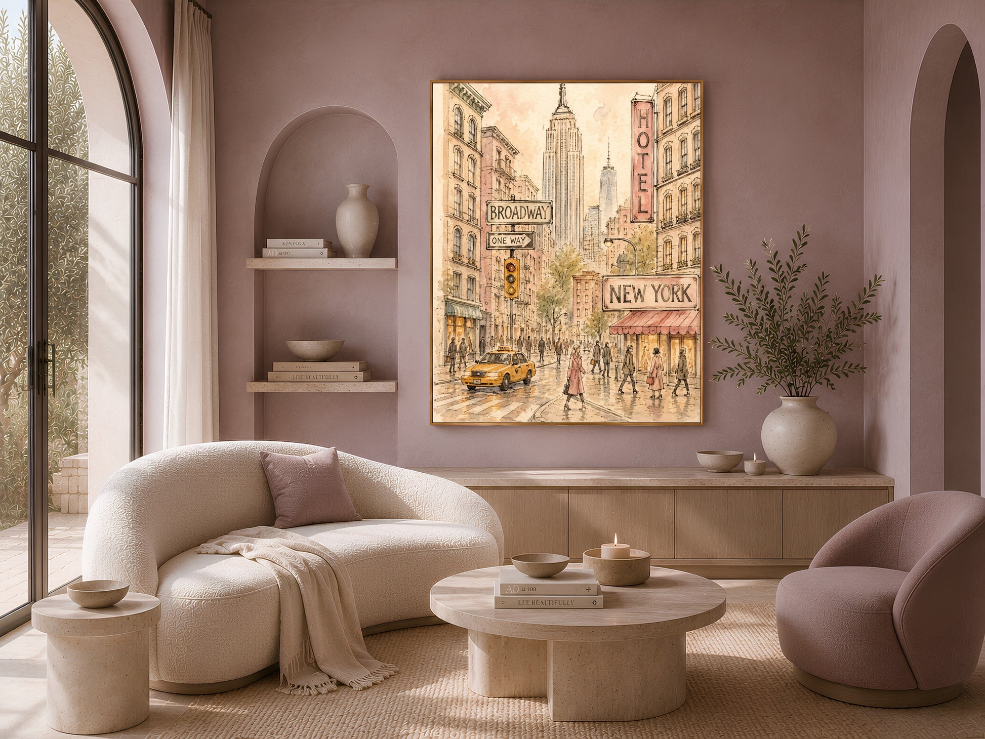 New York street scene wall art framed print above sofa in living room decor
