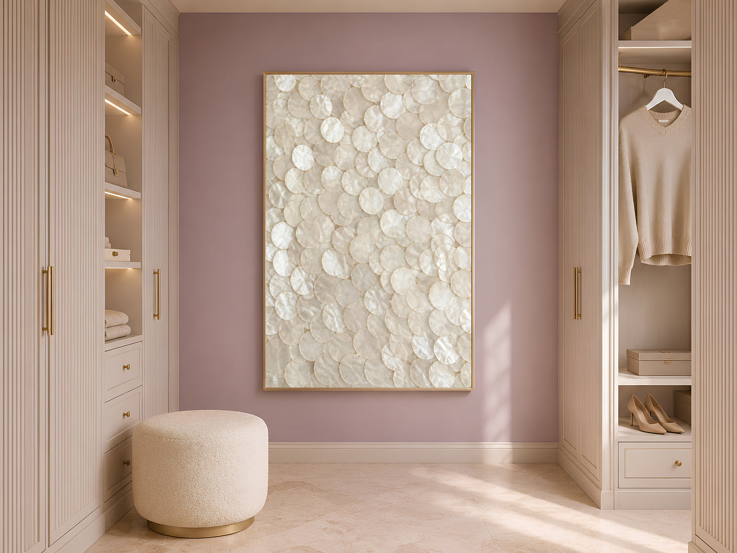 Capiz shell mosaic print framed in a sunlit room beside open shelving and a pouf
