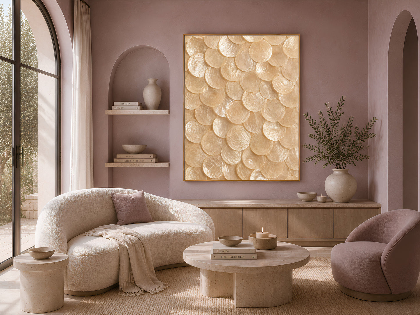 Natural capiz shell print in a gold frame displayed in a living room with a curved cream sofa and armchairs.
