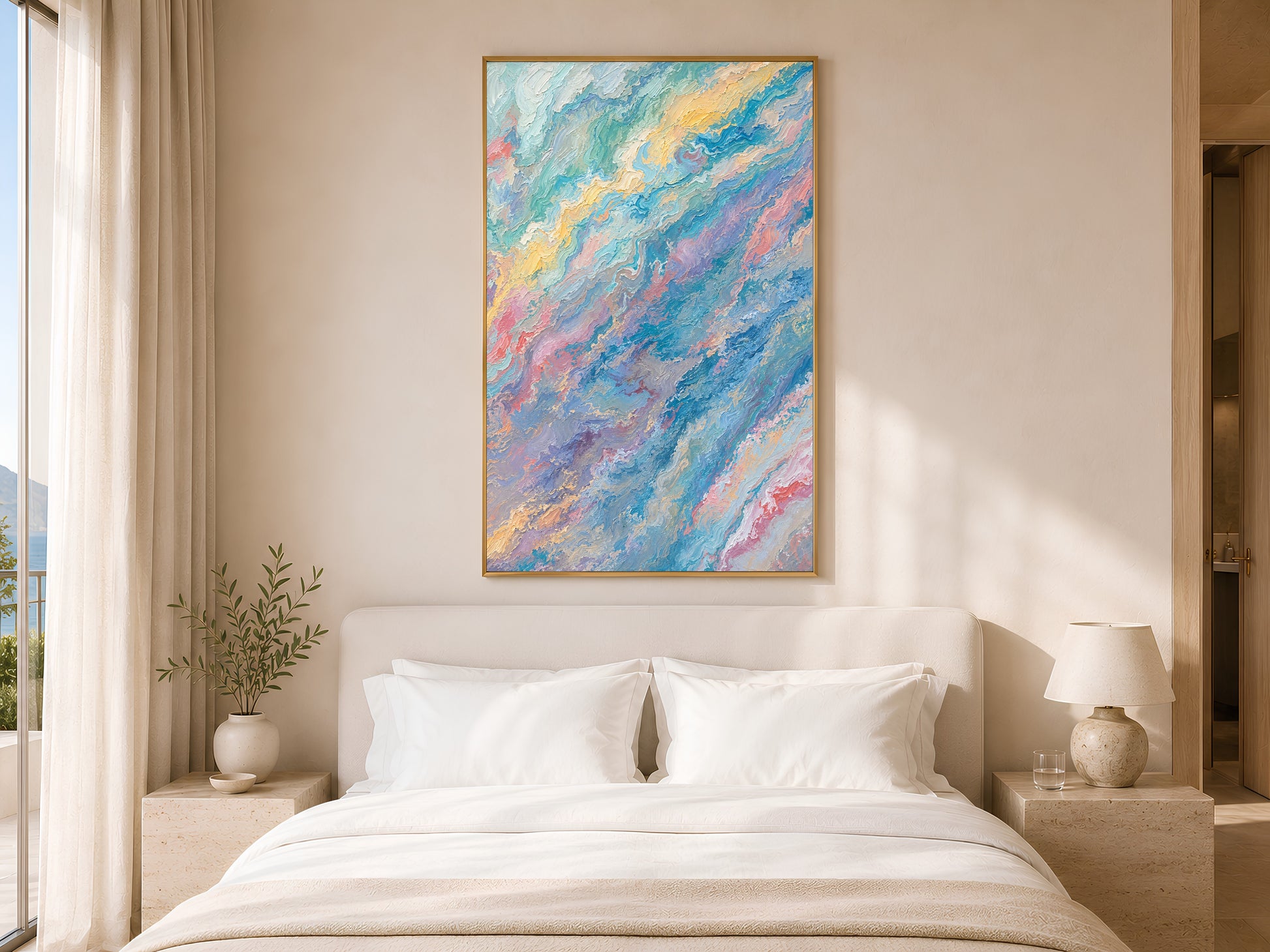Pastel teal pink abstract swirl wall art in gold frame above white bed in calm neutral bedroom with soft lighting
