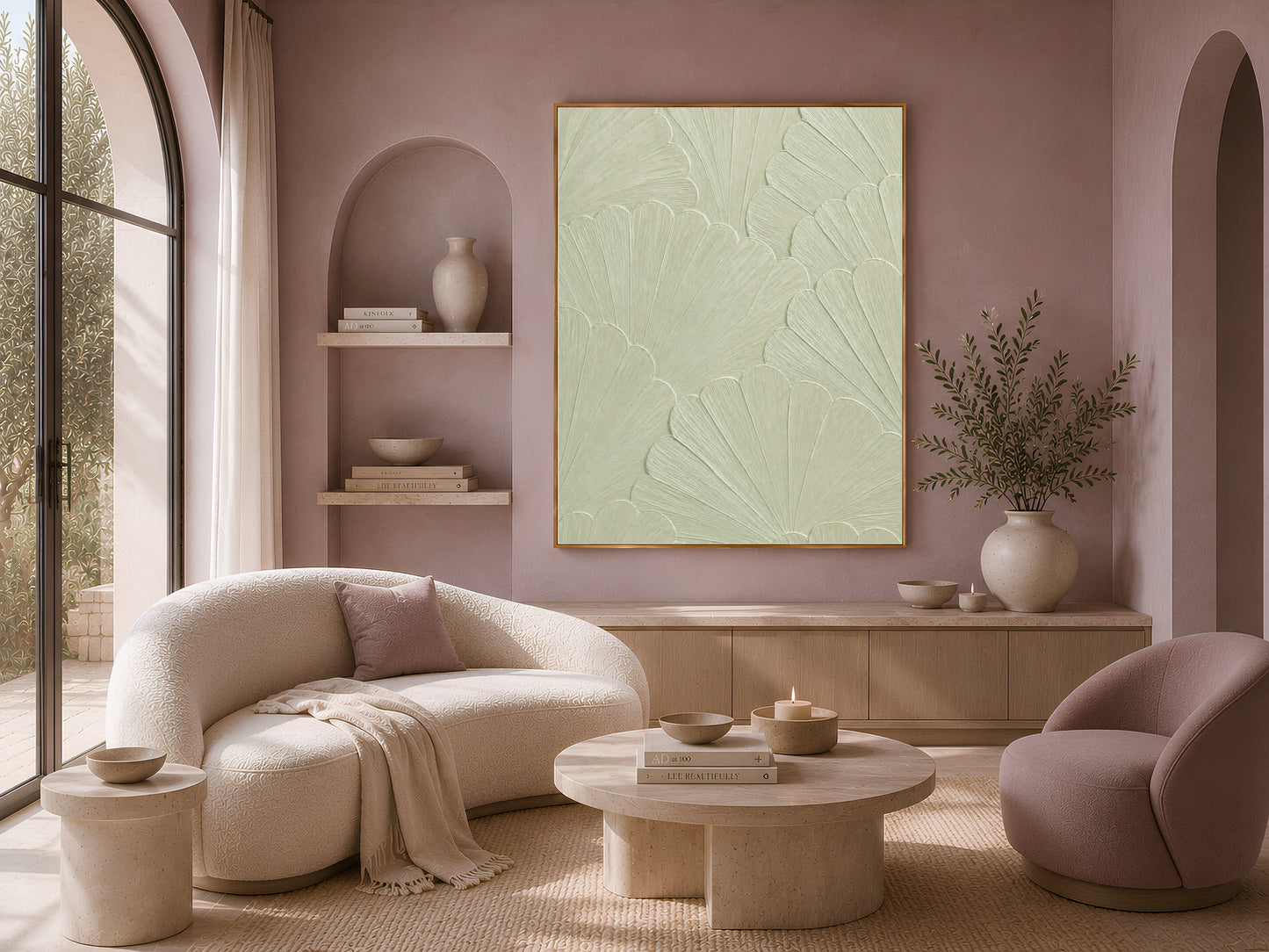Celadon mosaic print in a warm neutral living room with a boucle sofa and arched shelving
