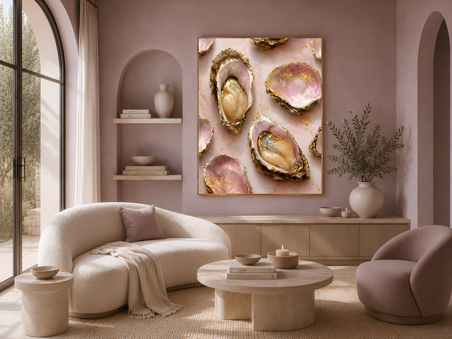 Framed pink oyster shell painting above a cream sofa and armchair in a bright, arched living room.
