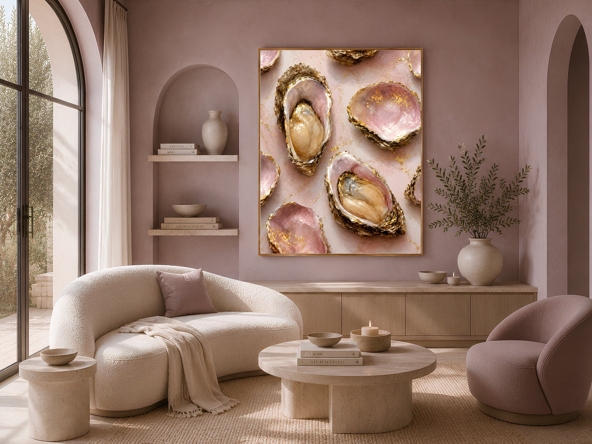 Framed pink oyster shell painting above a cream sofa and armchair in a bright, arched living room.