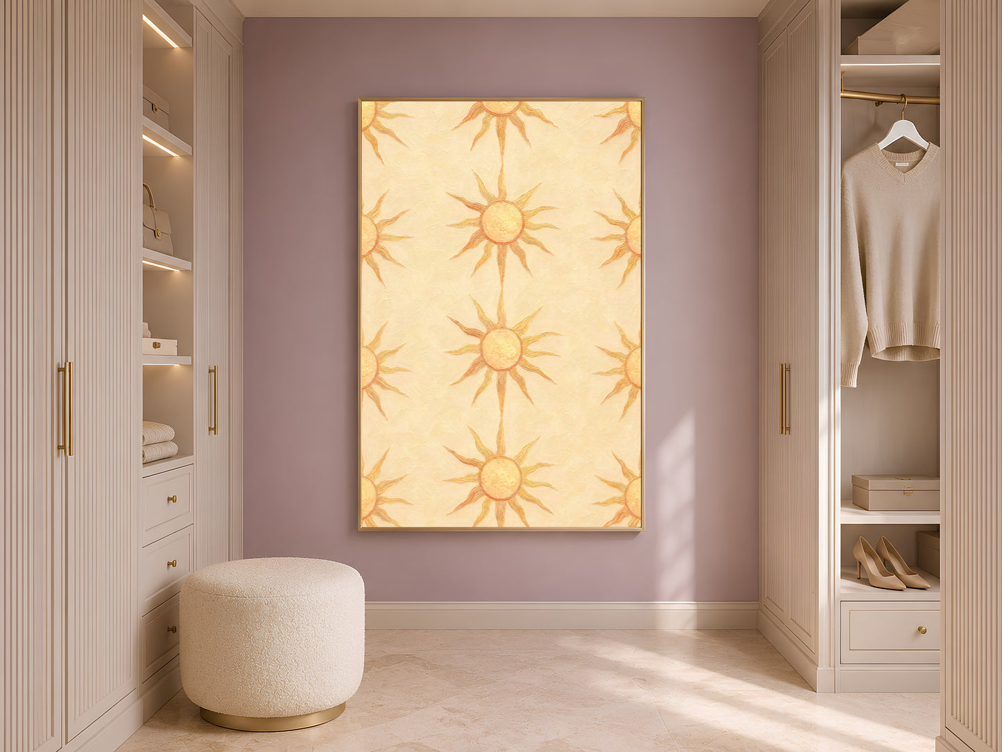 Butter yellow sun motif art framed in a closet beside open wardrobe shelving
