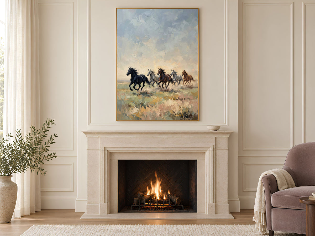 Wild Horses Running Wall Art, Impasto Oil Painting Print - Digital Download