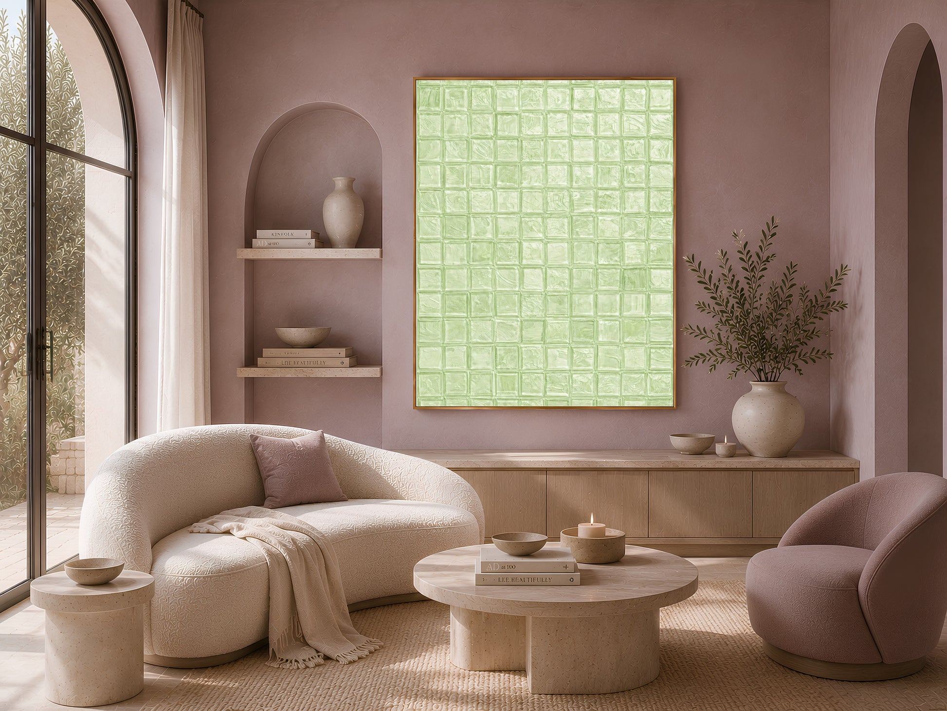 Sage green mosaic tile wall art in a gold frame displayed in a warm minimal living room with arched alcove shelving, cream boucle chairs, and ceramic vases
