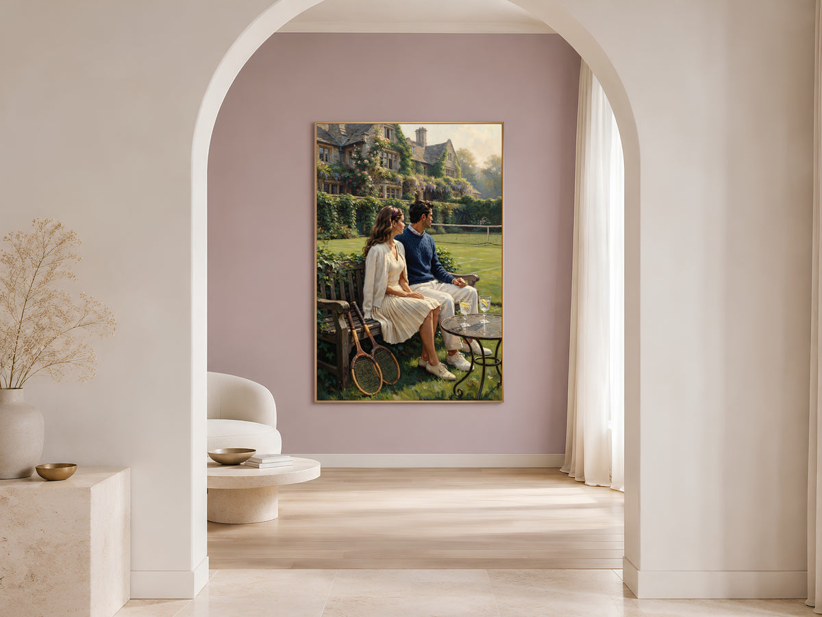 Old Money Tennis Couple Wall Art, Vintage English Countryside Oil Painting Print - Digital Download