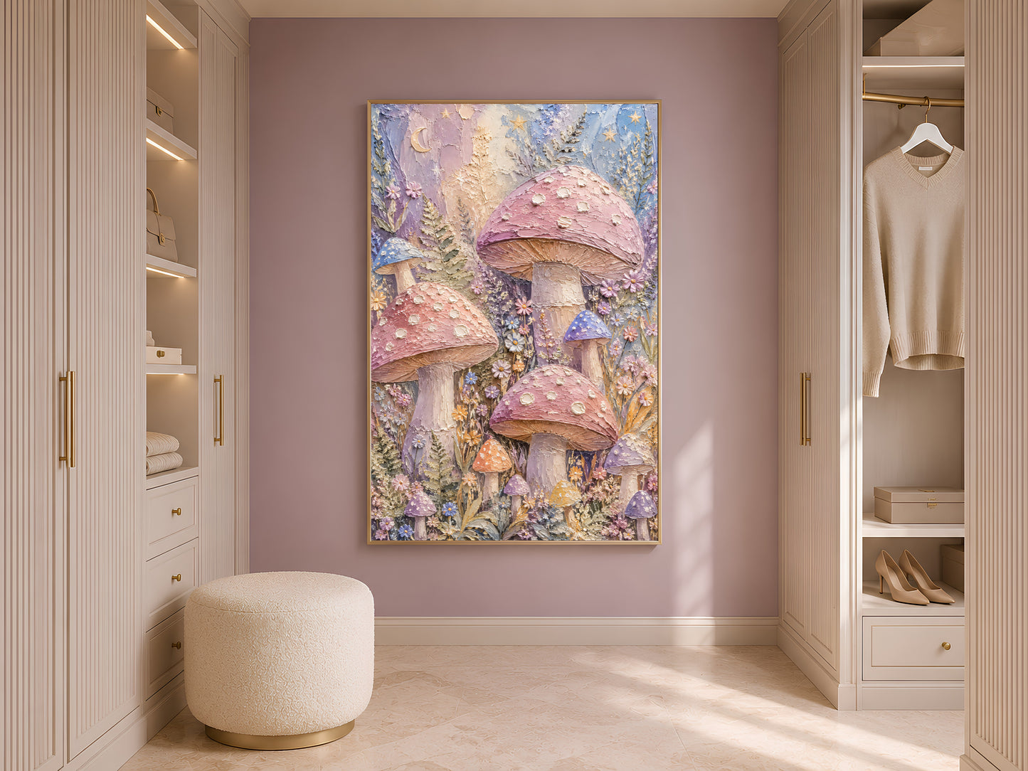 Pastel mushroom wall art in gold frame in styled dressing room with wardrobe and cream ottoman
