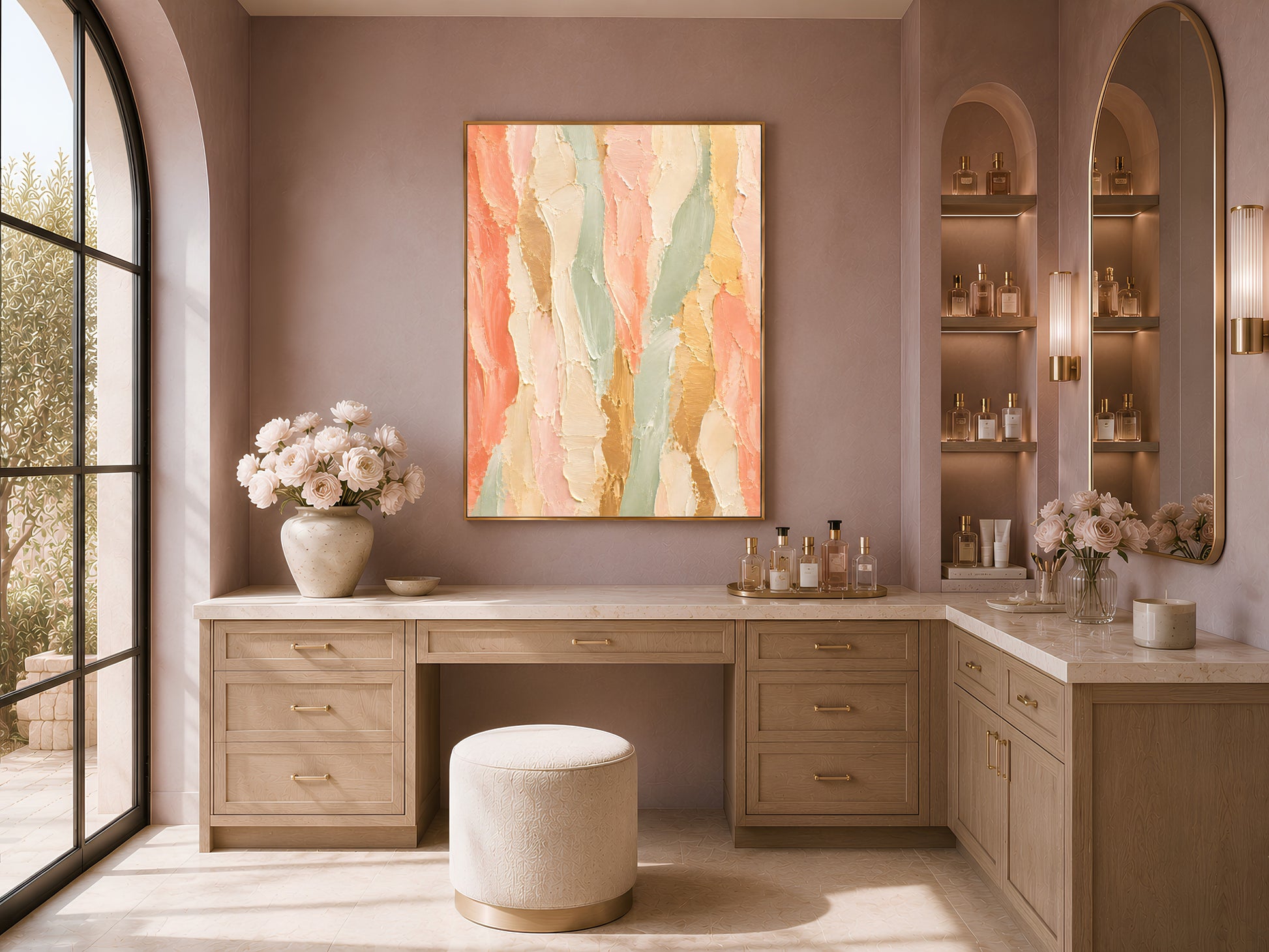 Coral sage abstract wall art print framed above a desk in a sunlit arched-window office