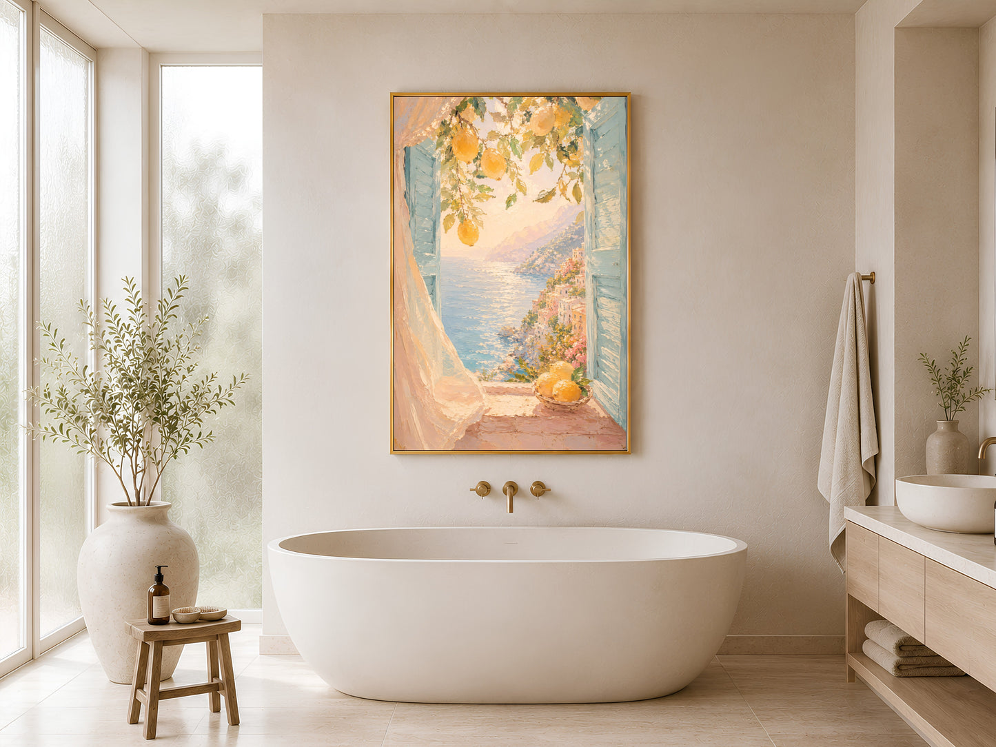 Lemon Amalfi print in gold frame hung in a bright minimal bathroom with freestanding tub and wood stool